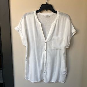 Lucky Brand Embroidered White Dolman sleeve button up V neck blouse size L